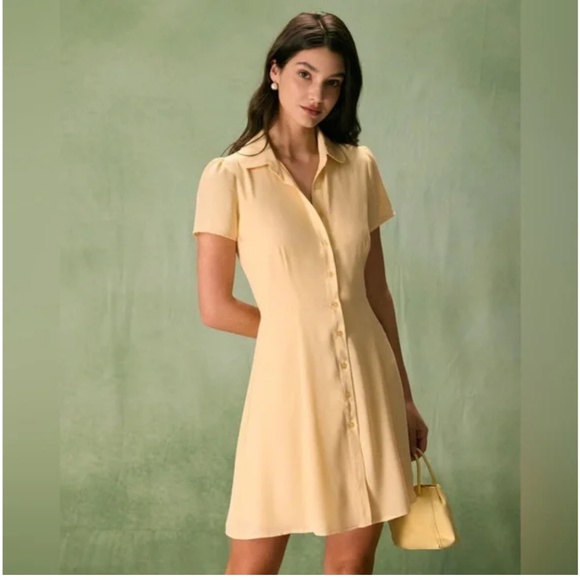 NWOT Rihoas Yellow Button Down Shirt Mini Dress - Picture 1 of 7